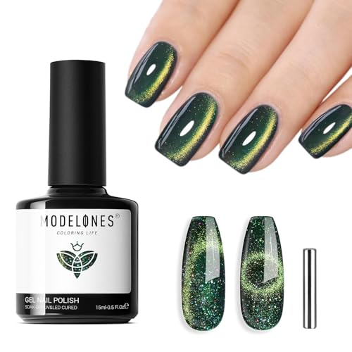 modelones Cat Eye Gel Nail Polish Green Gel Nail Polish Sparkle Reflective Shimmer Glitter Green valentine Polish 9D with Magnetic Soak Off LED Nail Art DIY 15 ML