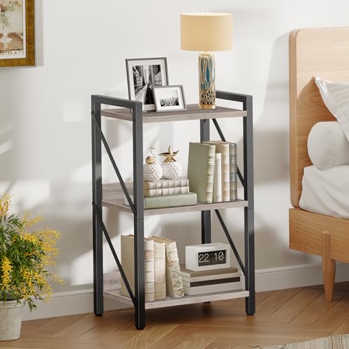 Image of HOOBRO Bookshelf, 3-Tier Industrial Bookcase, Book Shelf Storage Organizer, Small Bookshelf with Metal Frame for Living Room, Bedroom, Home Office, Kitchen, Greige and Black BG71SJ01