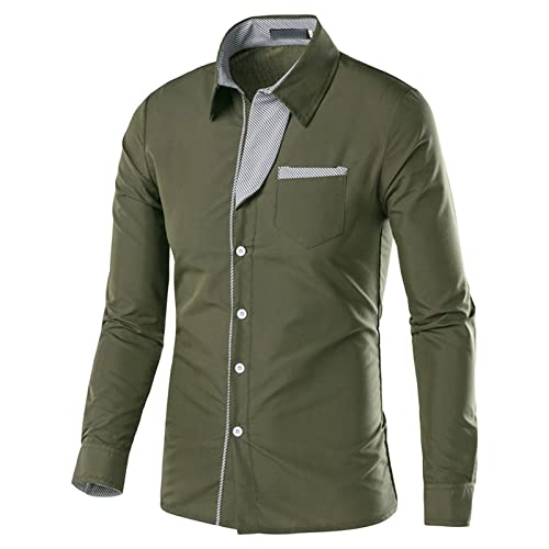 Mens Long Sleeve Stylish Dress Shirts Patchwork Casual Button Down Shirts Turn-Down Collar Shirt Top with Pockets (Armygreen,XX-Large)