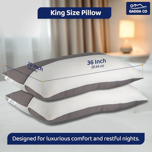 Image of GADDA CO Hollow Fiber King Size Pillows with Zip | Set of 2 | Soft & Fluffy Sleeping Pillows for Adults | White & Grey | 36 x 20 Inches | Microfiber Fill | Comfortable, Durable