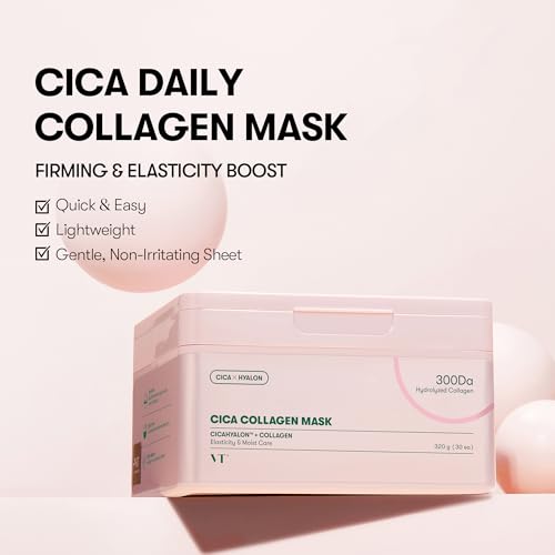Image of VT COSMETICS CICA Collagen Daily Mask 30 Sheets, 300Da Low Molecular Collagen for Skin Elasticity, Hydrating & Firming, Pink Collagen Essence, Korean Face Mask