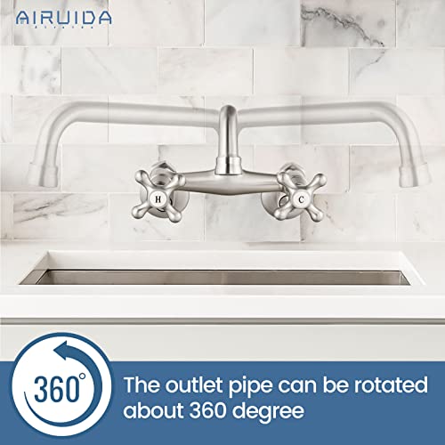 Airuida Brushed Nickel Wall Mount Kitchen Faucet 9 Inch Spout Reach Wall Mount Laundry Sink Faucet Adjustable Center Double Cross Handles Mixer Tap 360 Rotatable Restaurant Faucet #TOP6