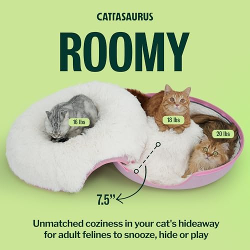 Image of CATTASAURUS Peekaboo Cat Cave for Multiple & Large Cats Up to 30-45 Lbs, Fluffy Cat Beds for Indoor Cats, Scratch Detachable & Washable Tunnel Bed, Comfy Donut Cave (Pink, Large (Calming))