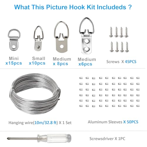 Image of D Ring Picture Hangers Kit, YHYZ D-Ring Picture Hanging Hooks (4 Sizes) with Screws, Hanging Wire Included, for Wooden Frame Mirror Clock Canvas Wall Decor