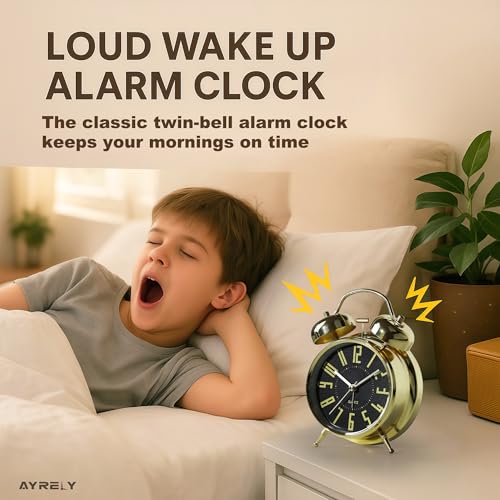 Image of AYRELY Super Loud Alarm Clock for Heavy Sleepers Adults,Twin Bell Retro 4 Inch Silent Non-Ticking Quartz with Backlight, Metal dial, Alarm Clocks for Bedrooms Bedside(Gold- Black)