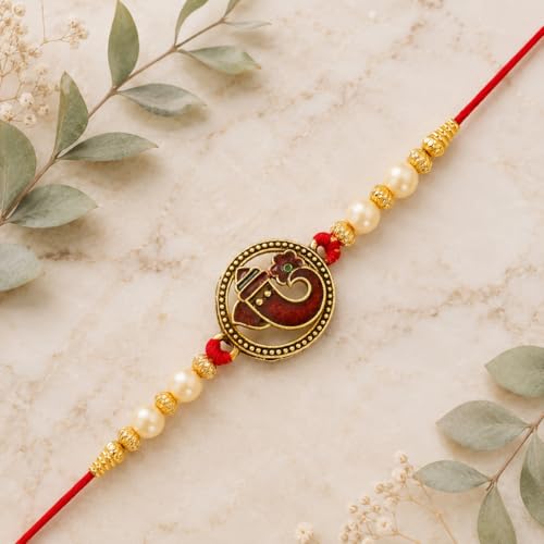 Image of Riddhika Ventures Religious Gold Plated Meenakari Sacred Ganesha Rakhi with Roli Chawal and Greeting Card
