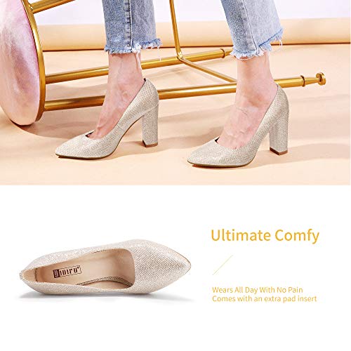 Idifu Women's In4 Chunky-Hi Block High Heels Closed Pointed Toe Pumps Dress Office Shoes For Women (8, Gold Glitter) #TOP2