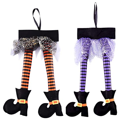 Halloween Witch Legs Hanging Decorations Witches Legs for Wreath Witch Legs with Shoes Door ＆ Car Decorations 2 Pack Orange Purple Witch Decorations Wicked Witch Legs for Halloween Decorations (01)