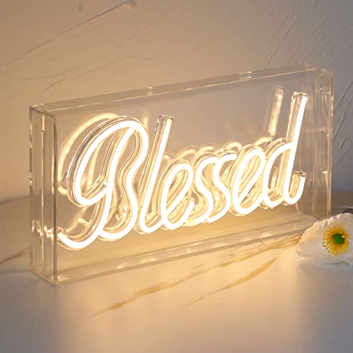 Neon Signs Letters Acrylic Light Box LED Signs for Bedroom Decor Neon Letters Acrylic Framed Table Decor LED Neon Light Hangable LED Wall Sign Light Up Signs Office Sign Bar Signs (Blessed)