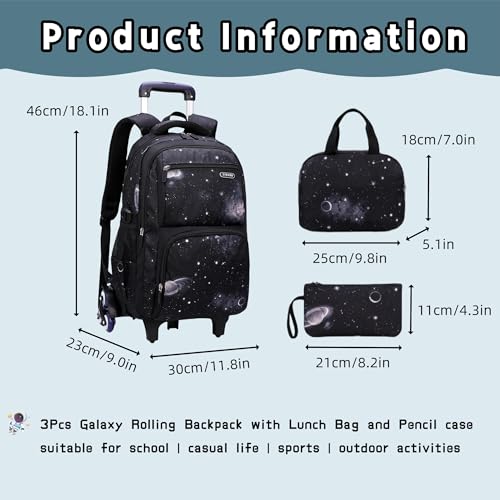 3Pcs Galaxy Boys Rolling Backpack Set with Lunch Bag, Galaxy Print Kids Backpack for Boys with Wheels - Image 4