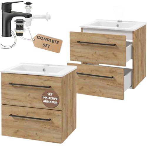 .Deftrans - Waschtisch mit Unterschrank 50 cm breit Set mit Zwei Schubladen - Waschbecken mit hängendem Unterschrank, schwarzer Armatur und Siphon - Waschtischunterschrank mit Waschbecken