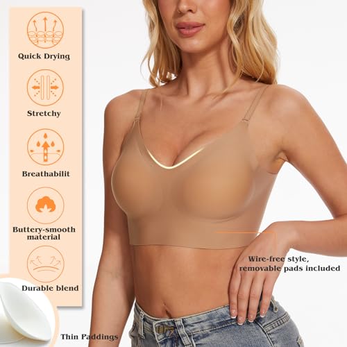 Shewant Low Back Bra for Women Wirefree Seamless Bra Backless Multiway Straps Convertible Halter Bra with Padding Removeable Tan - Image 2