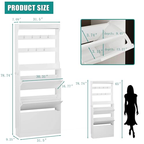 Image of Shoe Cabinet for Entryway with 3 Flip Drawers, White Tall Wood Shoe Storage Cabinet with Coat Rack, Narrow Hidden Slim Freestanding Shoe Rack Organizer, 2 in 1 Hall Tree for Living Room, Hallway