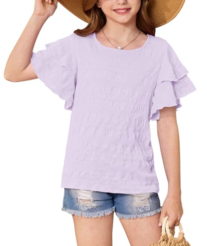 Image of Girls Summer Crewneck Tee Shirts Double Ruffle Short Sleeve Stretch Textured Fabric Casual Blouse 5-14 Years