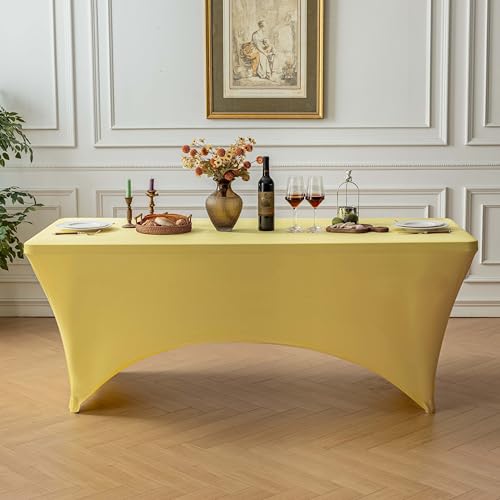 Image of FOLINS&HOME 2 Pack Yellow 8ft Fitted Spandex Water Resistant Tablecloth | Washable Elastic Rectangle Table Cover for 8 Foot Folding Tables, Stretch Table Cloth for Weddings, Banquets, Parties (2 Pcs)