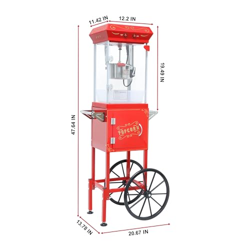 Image of 8 oz Popcorn Machine with Cart - Vintage Movie Theater Style Popcorn Maker for Home, Parties & Concession Stand, Yields 32 Cups per Batch, Red