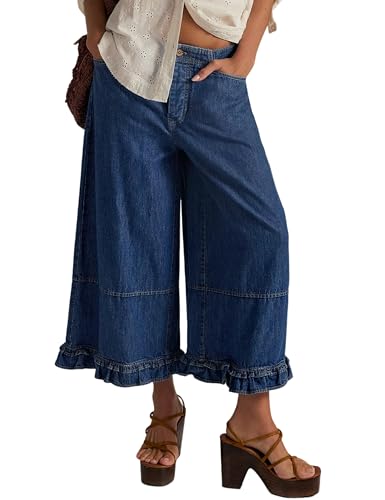 Womens Cotton Wide Leg Jeans High Waisted Baggy Denim Pants with Pockets