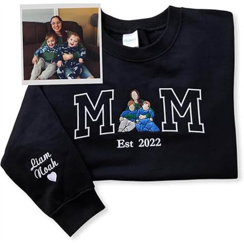 CUSTNEY Personalized Embroidered Mama Sweatshirt/T-Shirt/Hoodie with Photo Custom Gift for Women Mothers Day Birthday New Mom (Picture Embroidery 08)