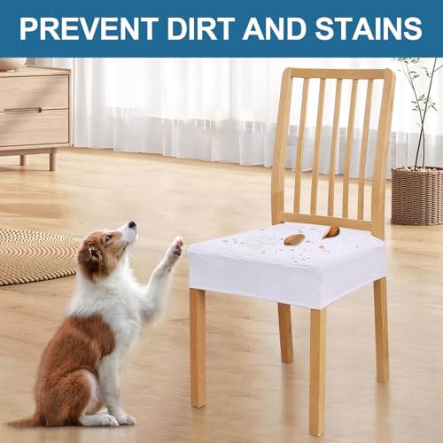 Image of Smiry Waterproof Seat Covers for Dining Room Chairs, No Rear Covers | Stretch Jacquard Removable Washable Chair Seat Slipcovers Protector, Set of 6, White