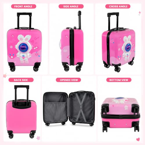 Image of Storite 18In Kids Luggage Trolley Hard Shell Cabin Suitcase | Cartoon Rabbit Astronaut Design Suitcase Ideal For School Trips Vacations Holidays And Weekend Travel(Pink-35 x 23 x 38 Cm)