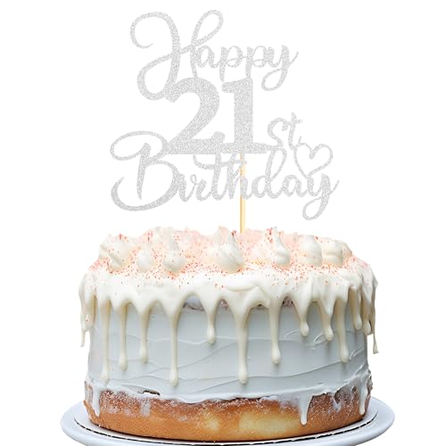 Sotpot 1PC Happy 21st Birthday Cake Topper Double-sided Silver Glitter Cake Pick Cake Decoration for 21st Birthday Anniversary Party Cake Decorations