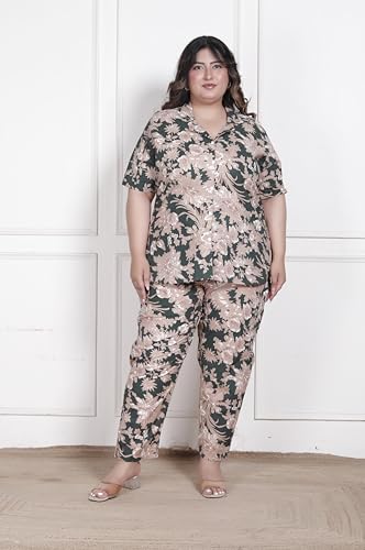 Image of Printed Shirt Style Cotton Night Suit for Women with Extra Plus Size