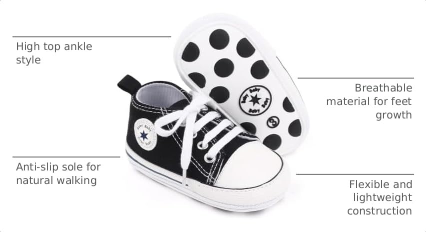 Image of Unisex Baby Girls Boys Canvas High-top Shoes, Newborn Infant Anti-Slip Soft Sole Frist Walking Breathable Sneakers