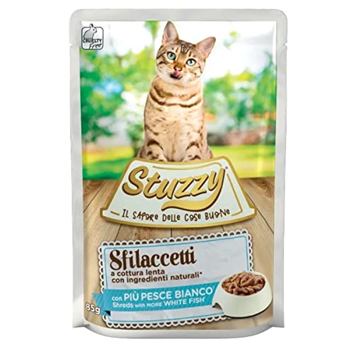 Stuzzy, Cibo Umido Completo per Gatti Adulti con Pesce Bianco, in Sfilaccetti - (24 buste da 85g)