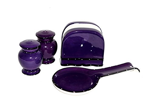 Tuscany Hand Painted Ruffle 4pc Stove Top Set, Napkin, Salt, Pepper and Spoon Rest, YOUR CHOICE OF COLOR by ACK (PURPLE)