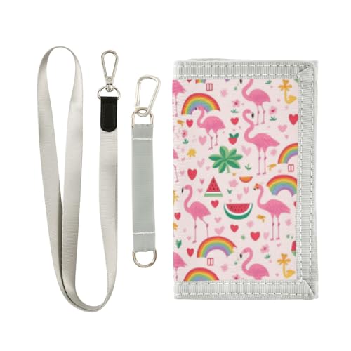 Wusikd Pink Flamingos Kids Wallet for Boys Girls Rainbows Watermelon Hearts Toddler Trifold Wallet Novelty Wallet for Teens Women Men