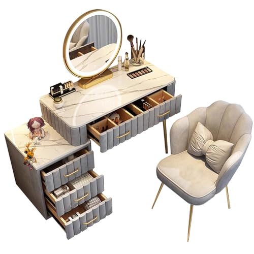 Natliedop Tocador Maquillaje con Espejo y Luz LED,Luz de 3 Colores Ajustable, Conjunto de Mesa Tocador con Silla Terciopelo, Tocador Escritorio con 5 Cajones para Dormitorio de Mujeres y Niñas