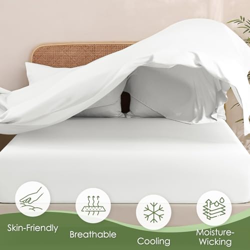Image of MICORAL Queen Sheet Set, Rayon Derived from Bamboo Cooling Sheets for Queen Size Bed Set, Breathable & Soft, Deep Pocket Up to 16 inch, Hotel Luxury Silky Bedding for Hot Sleepers, White