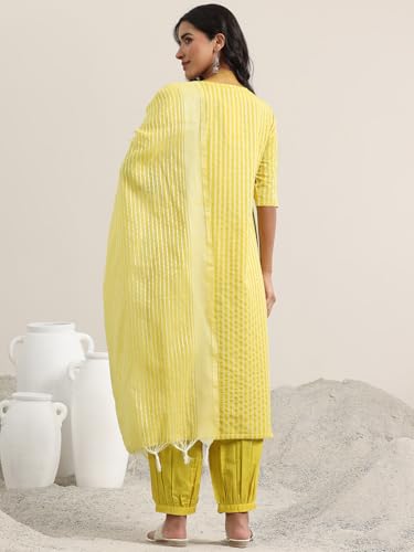 Image of Libas Woven Design Cotton Blend Straight Kurta With Salwar and Dupatta