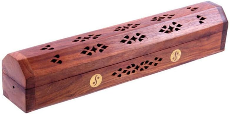 Miniatura 2 de Caja de incienso de madera, soporte Agarbati para quemador de incienso tallado a mano, caja de incienso, caja de ataúd, incrustaciones de latón y