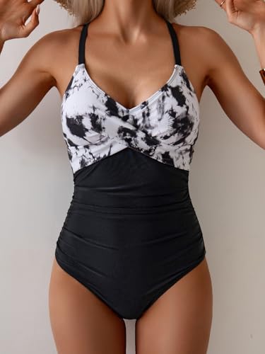 Image of B2prity Women's One Piece Swimsuit Tummy Control Front Cross Bathing Suit | Slimming Ruched ,Tie Back,Wrap Front,Adjustable Straps,Soft Removable Cups for beach, pool and vacation wear