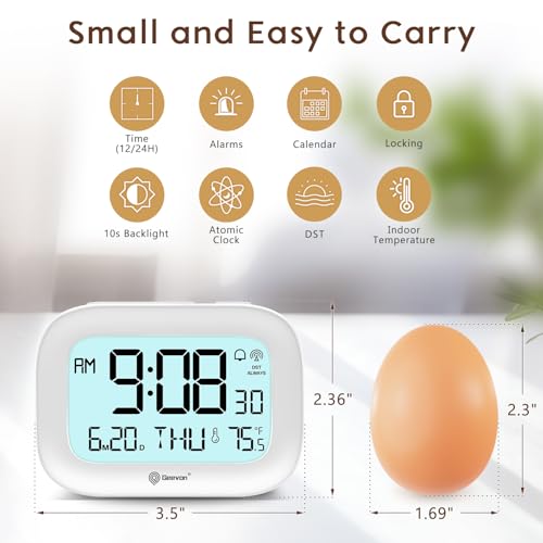 Image of Geevon Small Digital Atomic Alarm Clock for Bedroom, Portable Battery Operated Travel Desk Clock for Heavy Sleepers, with 10s Backlight, Temperature, 3 Inch Display, White