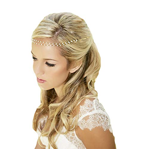 Barode Boho Head Chain Shiny 2 Layered Pearl Prom Fashion Headband Jewelry for Women and Girls (Silver)