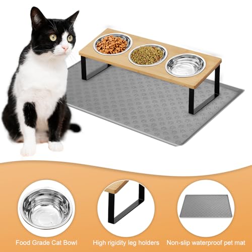 Duscdesp 3er Set Katzennapf Erhöht, Futternapf Katze aus Edelstahl mit Metall Ständer Fressnapf Hund mit Bambus und Napfunterlage, 15° Gekippte Ergonomischer Futterstation für Katzen und Kleine Hunde