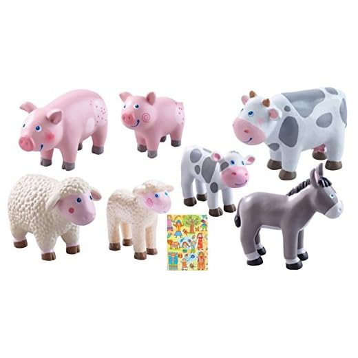 HABA Animales de granja en set de 7 piezas Little Friends cerdo, vaca, oveja, burro, lechón, cordero, terneros, incluye paquete de regalo