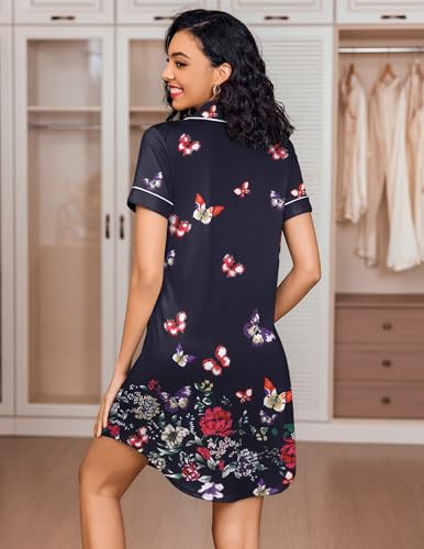 Image of Ekouaer Women's Nightgown Button Down Nightshirt V Neck Sleepshirt Short Sleeve Sleepwear Soft Pajama Dress