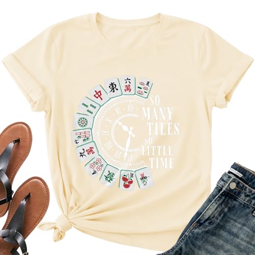 Image of Mahjong Shirts for Women-Mahjong Tiles Clock Short Sleeves | Soft Lightweight Crew Neck Shirt Great for Mahjong Party Gatherings Game Night Gift Tee for Mahjong Players