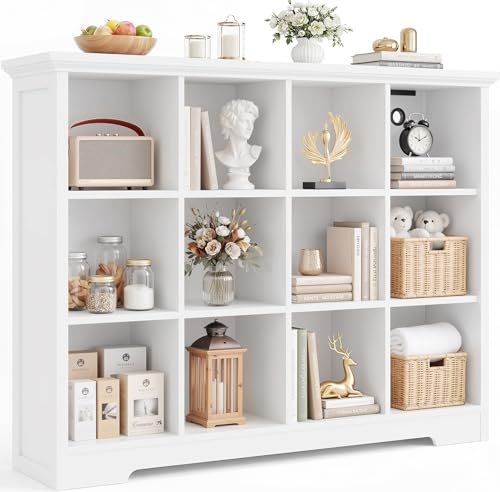 Aheaplus Wooden 12-Cube Storage Organizer with Charging Ports Modern Cube Bookcase with Base 4-Tier Floor Standing Open Cubbies Bookshelf Cubicle Display Shelf for Home and Office White