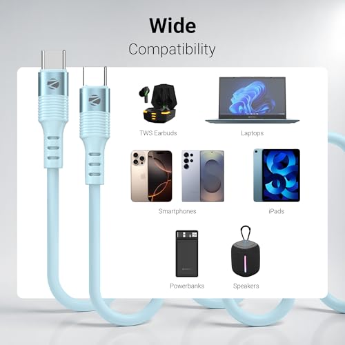 Image of Zebronics Wattz 60CC2 Type-C to Type-C Soft Silicone Cable, PD 60W, 1 Meter, Durable, Charge & Sync, Rapid Charging, For Laptops, Tablets, Mobiles (Blue)