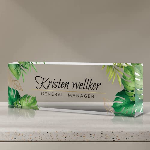 Desk Name Plate Personalized, Premium Green Monstera Acrylic Desk Name Plate, Personalized Name Plate for Desk, Office Decor for Women or Men Coworkers, Boss, Employee, Teacher