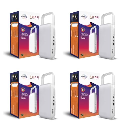 Image of wipro Safari Emergency Rechargeable Led Lantern with 7200 Mah Battery | Brightness Control Feature | in- Built Mobile Charging Point | Pack of 4,Multicolor