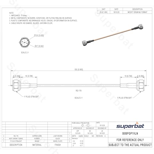 Image of Superbat TV Coax Cable, 6 inches Slim Coax 75 Ohm RG179 with F-Type Connectors for TV, Satellite & Antenna Cable 2-Pack
