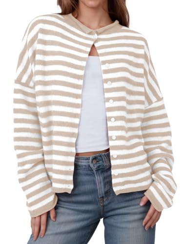 Saodimallsu Womens Striped Cardigan Casual Long Sleeve Open Front Button Down Loose Knit Lightweight Fall Sweaters