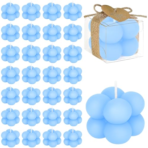 30er Set Blau Bubble Kerze für Babyparty Gastgeschenke, Mini Duftkerzen mit Karten & Trockenblumen, Kleine Sojawachs Candle Aromatherapie für Hochzeit Taufe Babyshower Geburtstag Geschenk