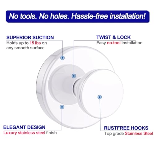 Image of Bntuk Suction Cup Hooks for Shower, Removable Towel Hooks for Bathroom Window Glass Door Wall, Bath Robe Looafh Hook for Hanging - 2 Pack, White