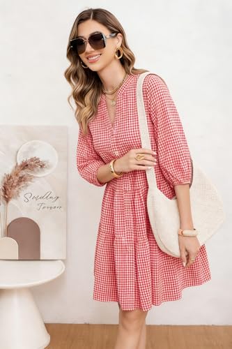 Image of utcoco Women's 2026 Spring Summer Plaid Shirt Dress 3 /4 Puff Sleeve Button Down Loose Casual Midi Dress with Pockets